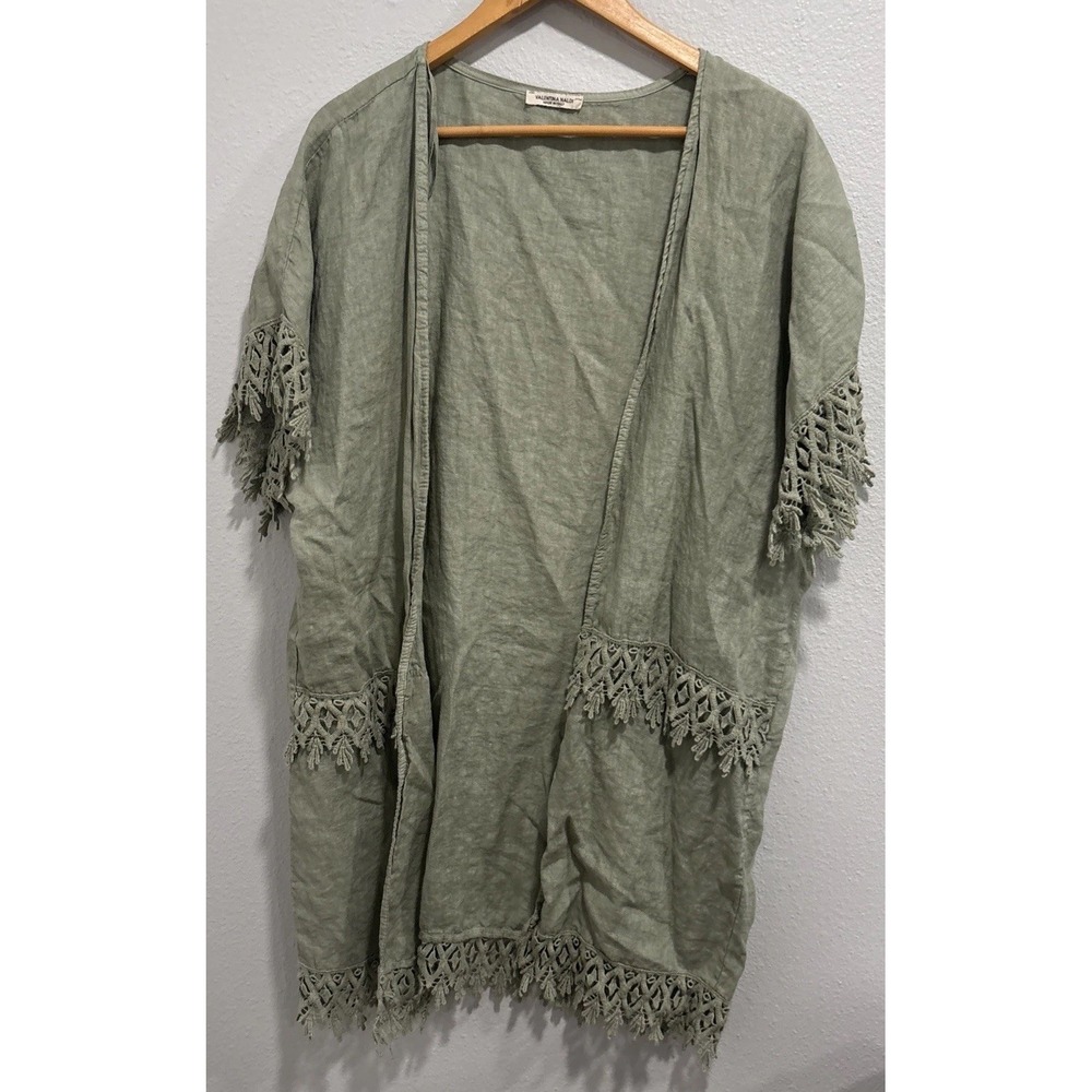 Valentina Naldi Linen Boho Crochet Lace Cardigan Sage Green  Italian Made OSFM